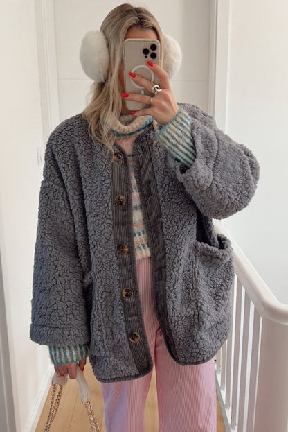 Medium Grey Puffy Plush Corduroy Edge Patchwork Jacket with Big Pockets