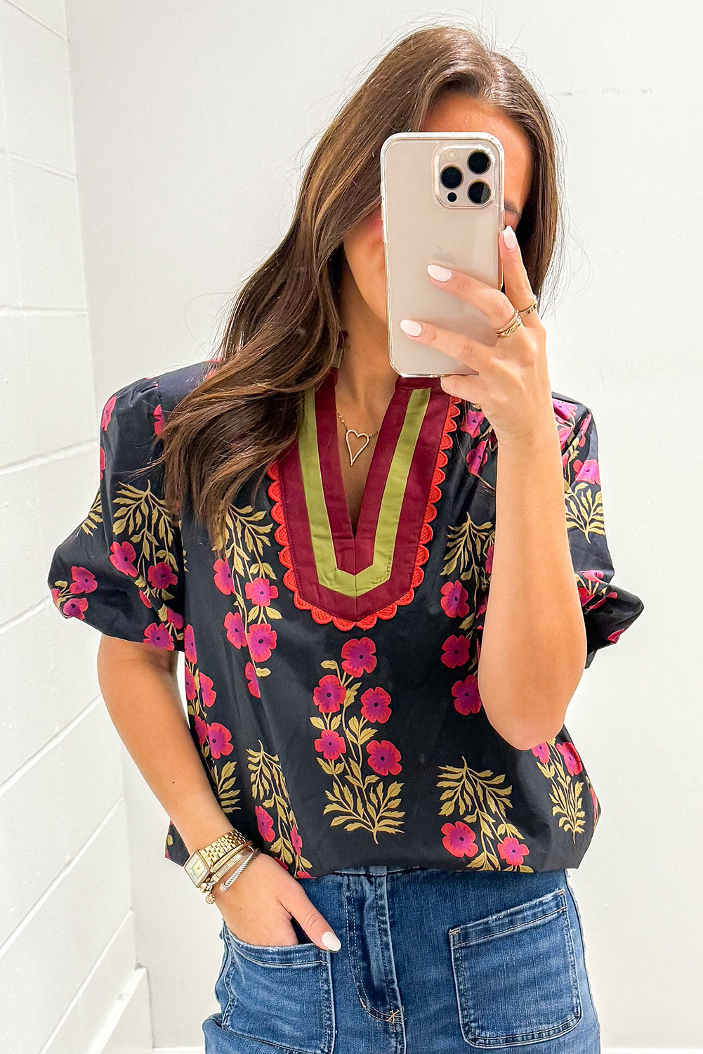 Black Floral Short Bubble Sleeve Contrast Slit Neckline Blouse