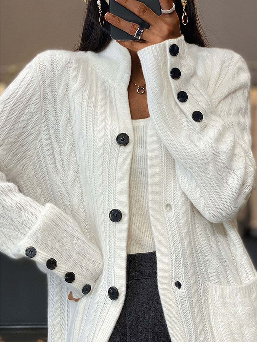 Women's Cardigan Sweater V Neck Cable Knit Polyester Button Pocket Fall Winter Short Daily Going out Weekend Stylish Casual Soft Long Sleeve Solid Color White Camel Brown S M L