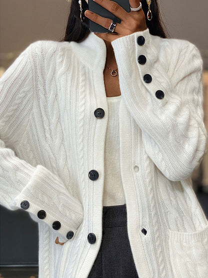 Women's Cardigan Sweater V Neck Cable Knit Polyester Button Pocket Fall Winter Short Daily Going out Weekend Stylish Casual Soft Long Sleeve Solid Color White Camel Brown S M L