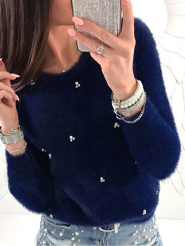 Women's Pullover Sweater Jumper Crew Neck Ribbed Knit Acrylic Beads Fall Winter Regular Outdoor Daily Going out Stylish Casual Soft Long Sleeve Solid Color Black White Pink XS S M