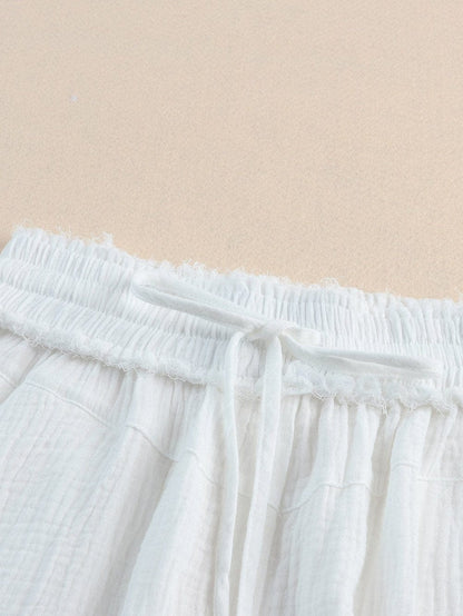 Easy Breezy White 2-Piece V Neck Top and Frayed Shorts Set