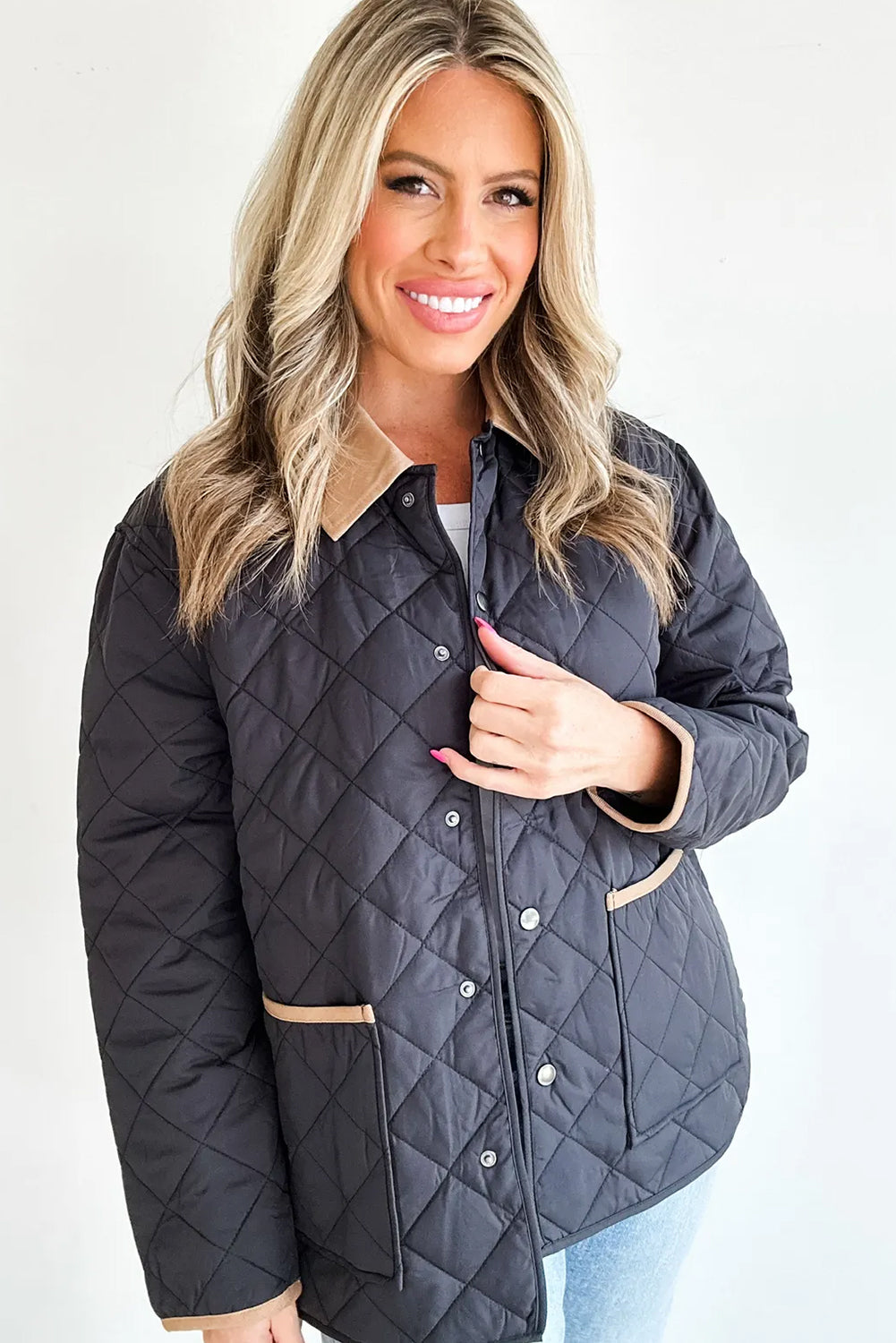 Dirty blue Snap Button Quilted Color Block Collar Pocketed Winter Jacket
