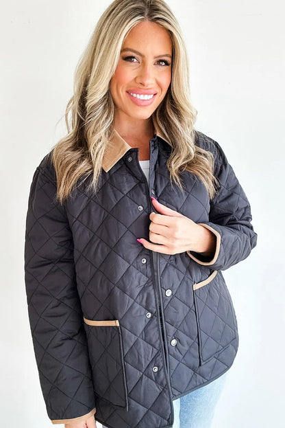Dirty blue Snap Button Quilted Color Block Collar Pocketed Winter Jacket