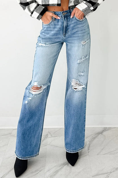 Myosotis Mid Rise Distressed Sneak Peek Straight Leg Jeans