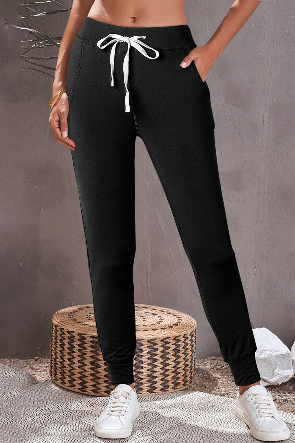 Black Drawstring Elastic Waistband Pocketed Joggers
