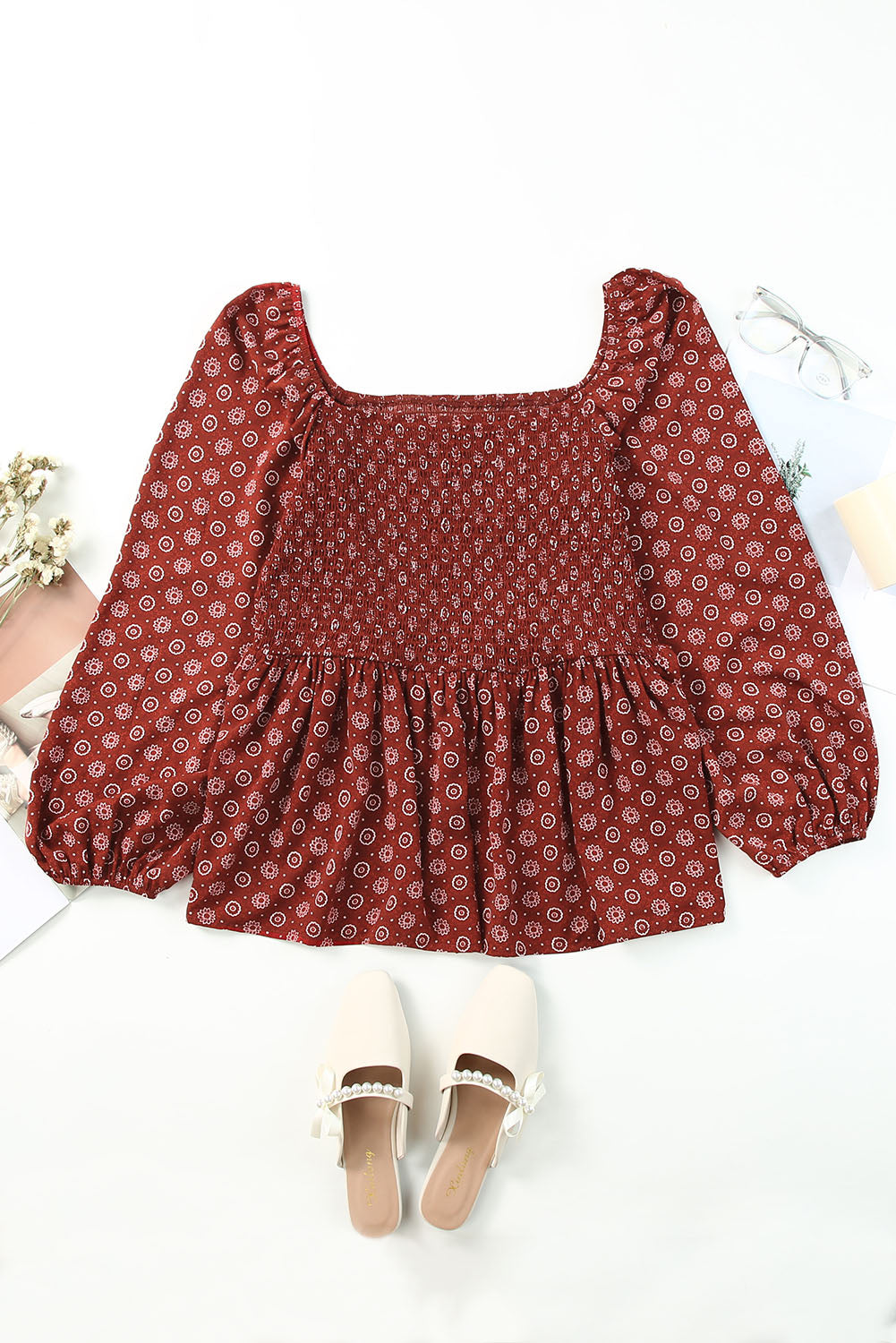 Fiery Red Plus Size Square Neck Printed Peplum Top