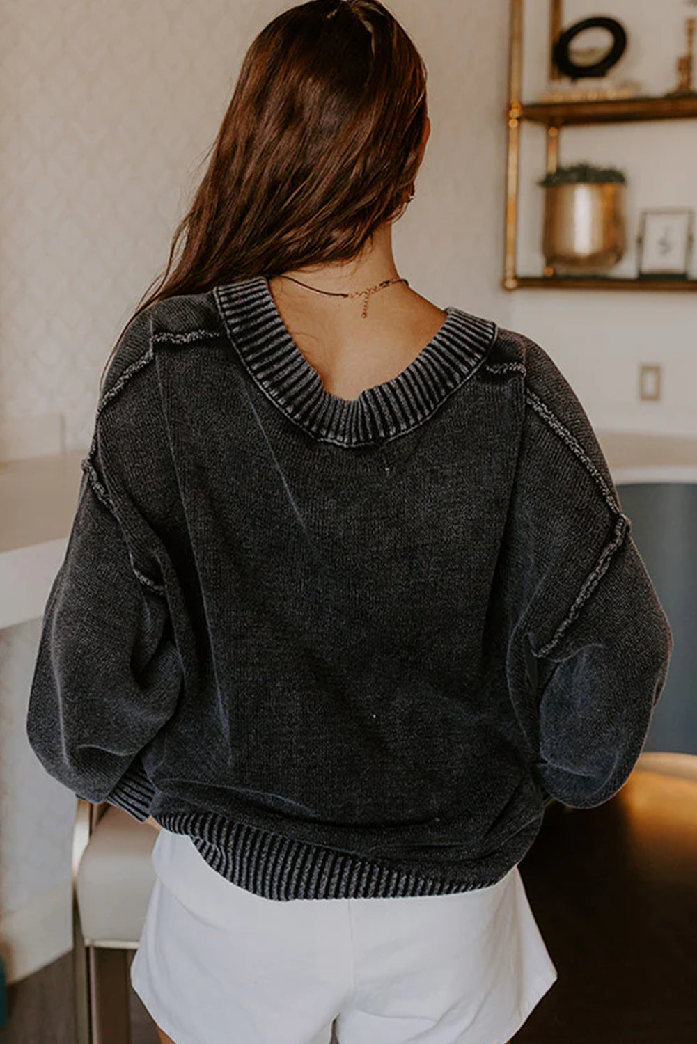Black Mineral Wash V Neck Knit Exposed Seam Drop Shoulder Loose Sweater