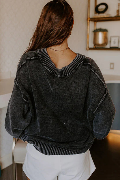 Black Mineral Wash V Neck Knit Exposed Seam Drop Shoulder Loose Sweater