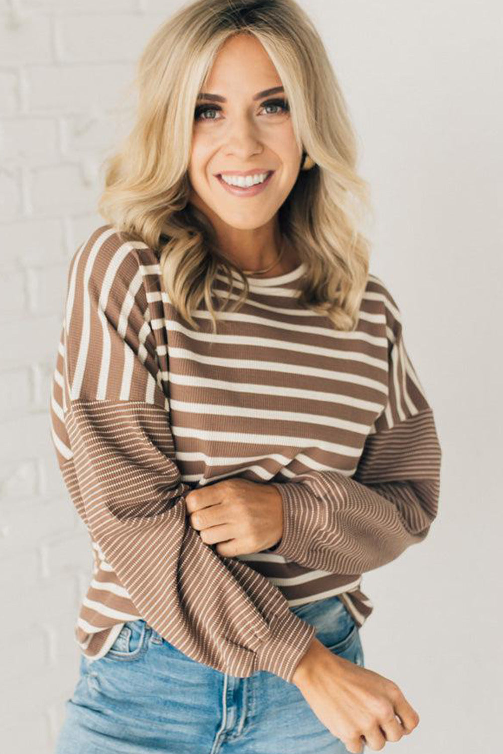 Khaki Stripe Mixed Pattern Thermal Knit Casual Sweatshirt