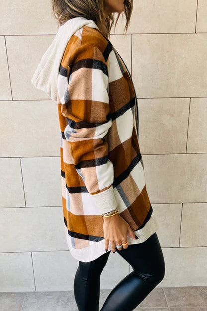 Brown Vintage Plaid Contrast Trim Hooded Zip Up Jacket