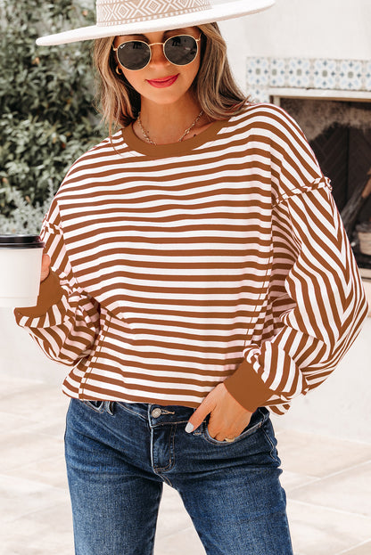 Brown Stripe Exposed Seam Drop Shoulder Casual Pullover Top