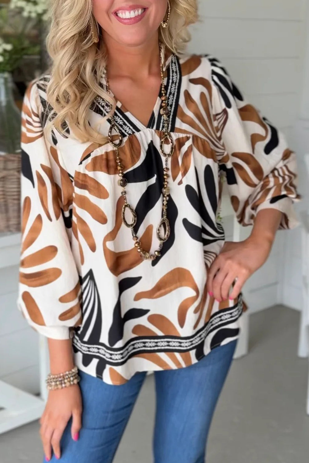 Brown Abstract Print Puff Sleeve Loose Blouse