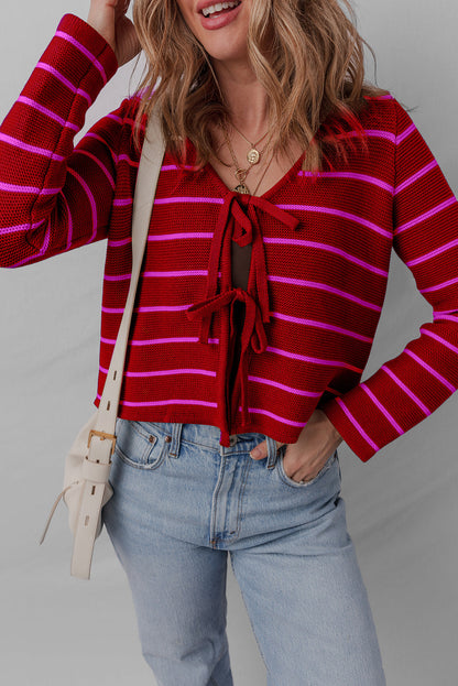 Red Stripe Tie Front Striped Knit V Neck Cardigan Sweater