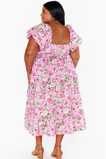 Elegant Pink Floral Smocked Puff Sleeve Maxi Dress