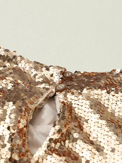 Apricot Sequin Mock Neck Puff Sleeve Sheath Top