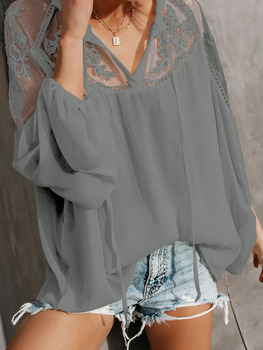 Elegant Gray Lace Detail V-Neck Blouse