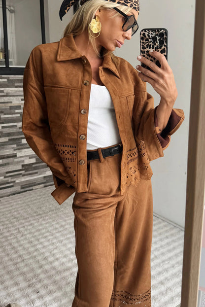 Thai Curry Solid Color Faux Suede Hollowed Detail Button Down Jacket