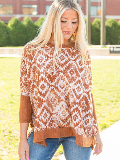 Aztec Print Batwing Sleeve White Blouse with Ribbed Trim