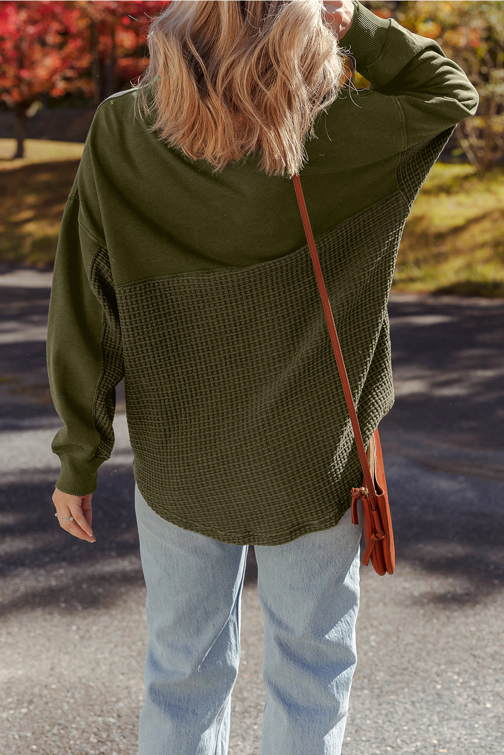 Moss Green Waffle Knit Patchwork Half Zipped Casual Sweatshirt