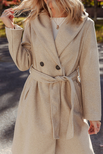 Oatmeal Lapel Collar Double Breasted Belted Overcoat