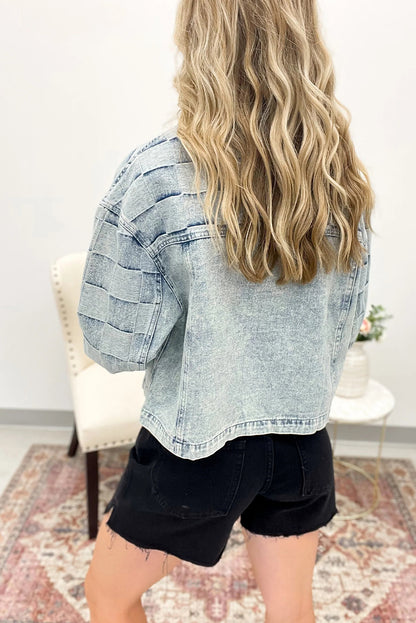 Beau Blue Denim Checkered Pattern Patchwork Womens Casual Jacket