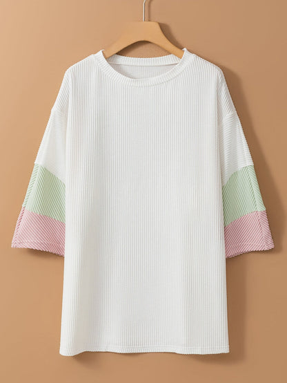 White Ribbed Colorblock Plus Size T-Shirt