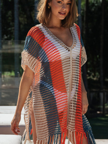 Beach Ready Striped Crochet Tassel Cover Up Dress