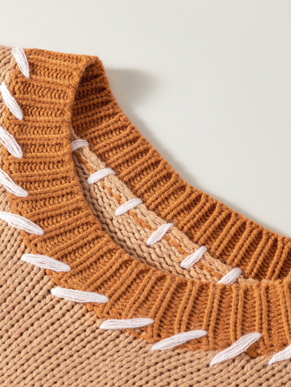 French Beige Patchwork Oversized Knit Sweater with Contrast Stitch