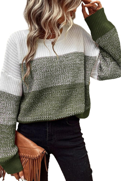 Green Gradient Color Block Round Neck Drop Shoulder Sweater with Ribbed Trim