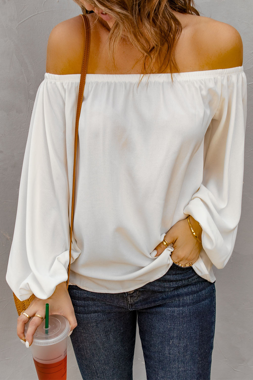 Elegant White Off Shoulder Top with Elastic Neckline