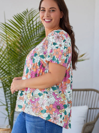 Summer Blossom V Neck Plus Size Blouse for Women