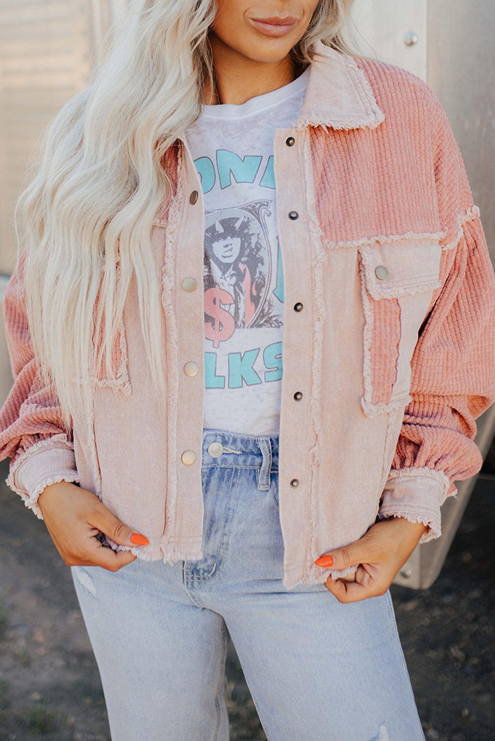 Delicacy Frayed Trim Textured Color Block Patchwork Raw Hem Jacket