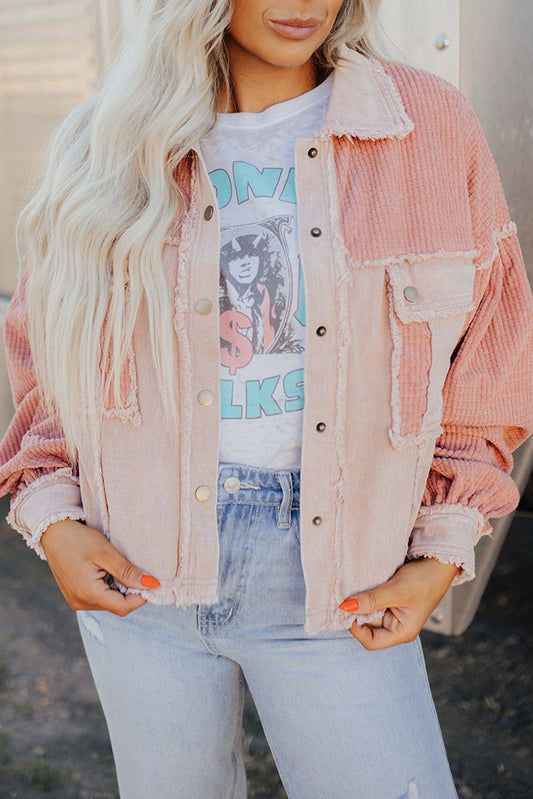 Delicacy Frayed Trim Textured Color Block Patchwork Raw Hem Jacket