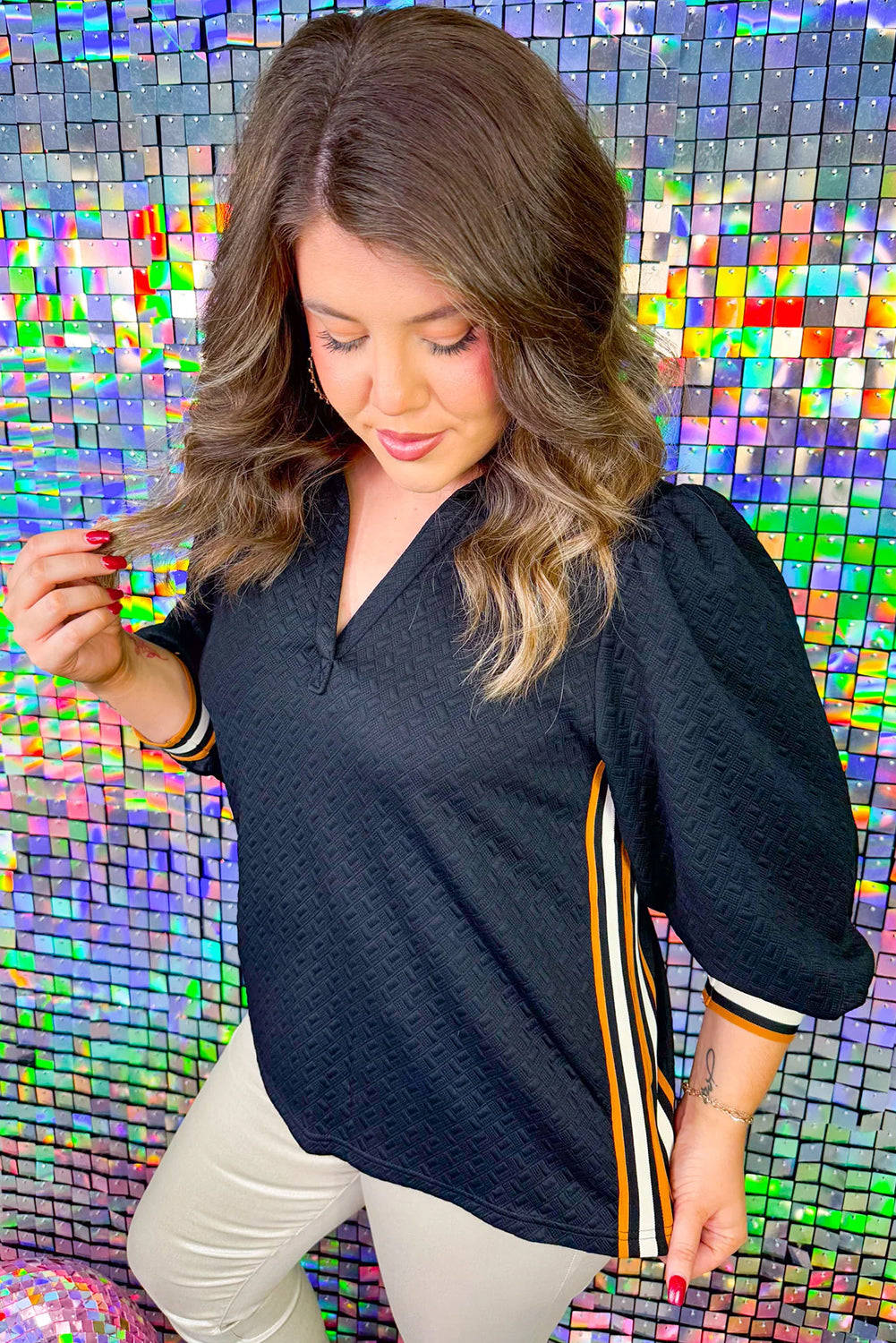 Black Colorblock Striped Textured Puff Sleeve Collar Plus Size Blouse