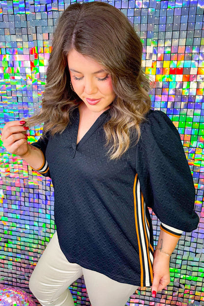 Black Colorblock Striped Textured Puff Sleeve Collar Plus Size Blouse
