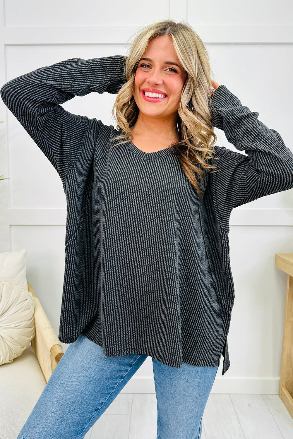 Dark Grey Twisted Rib Texture Exposed Seam Patchwork Loose Long Sleeve Top