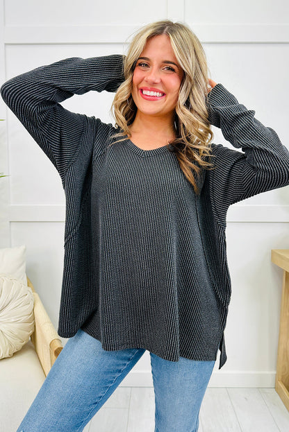 Dark Grey Twisted Rib Texture Exposed Seam Patchwork Loose Long Sleeve Top