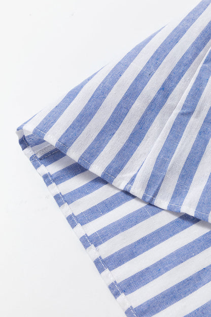 Sky Blue Embroidered Tassel Detail Striped Ruffle Sleeve Plus Blouse