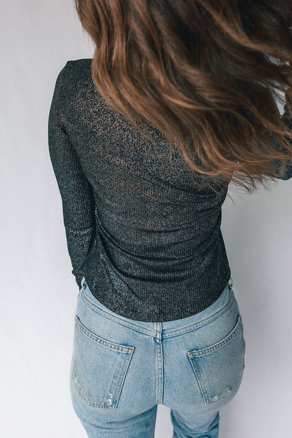 Black Metallic Knit Half Button Long Sleeve Slim Top
