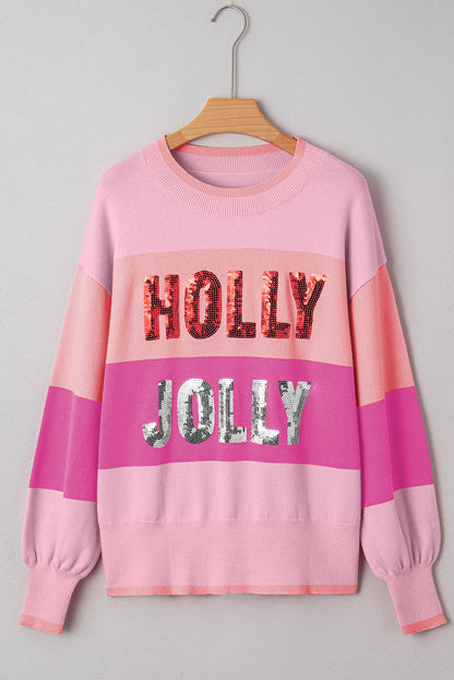 Pink Sequined HOLLY JOLLY Color Block Crew Neck Sweater