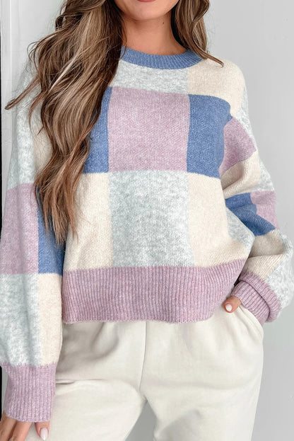 Dark Blue Plaid Color Block Casual Sweater