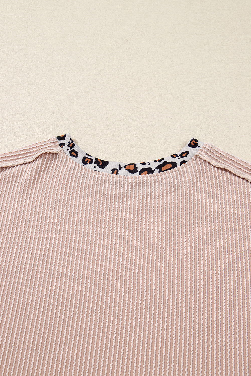 Beige Twist Ribbed Leopard Color Block Detail Drop Shoulder Long Sleeve Top