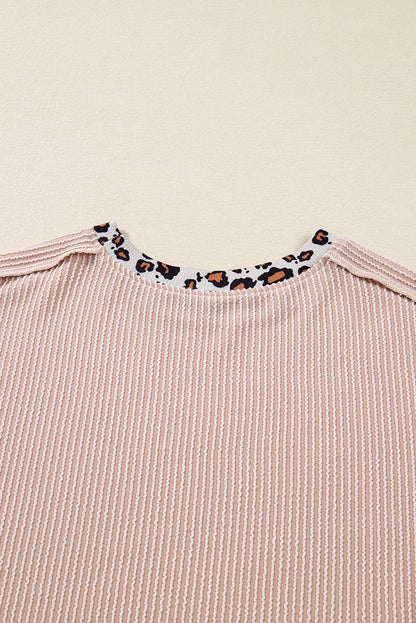 Beige Twist Ribbed Leopard Color Block Detail Drop Shoulder Long Sleeve Top