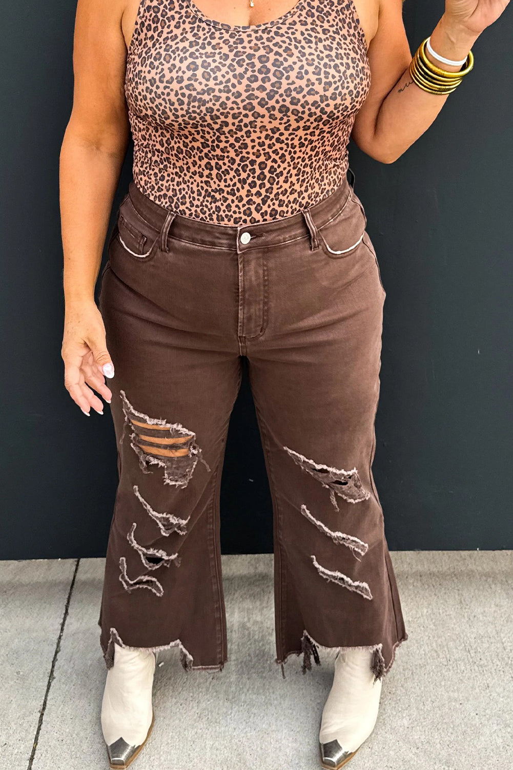 Coffee Asymmetric Distressed Raw Hem Cowgirl Jeans