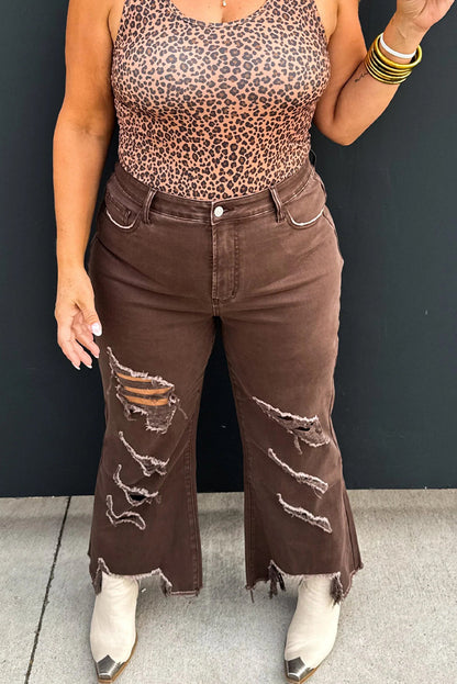 Coffee Asymmetric Distressed Raw Hem Cowgirl Jeans