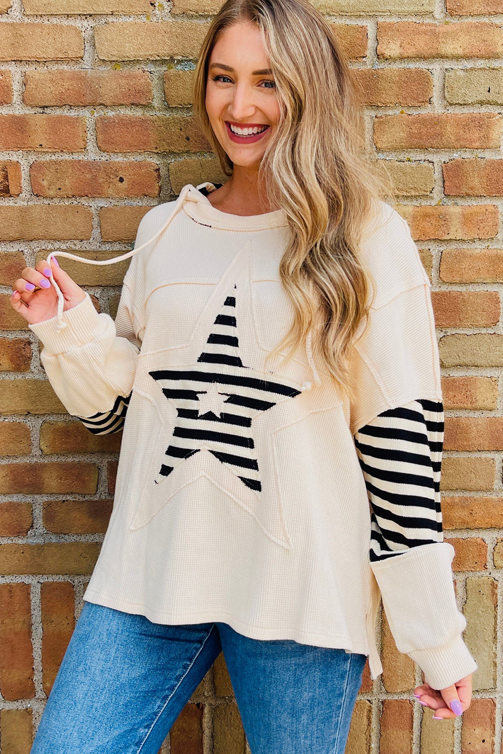 Beige Waffle Texture Striped Star Patchwork Oversize Hoodie