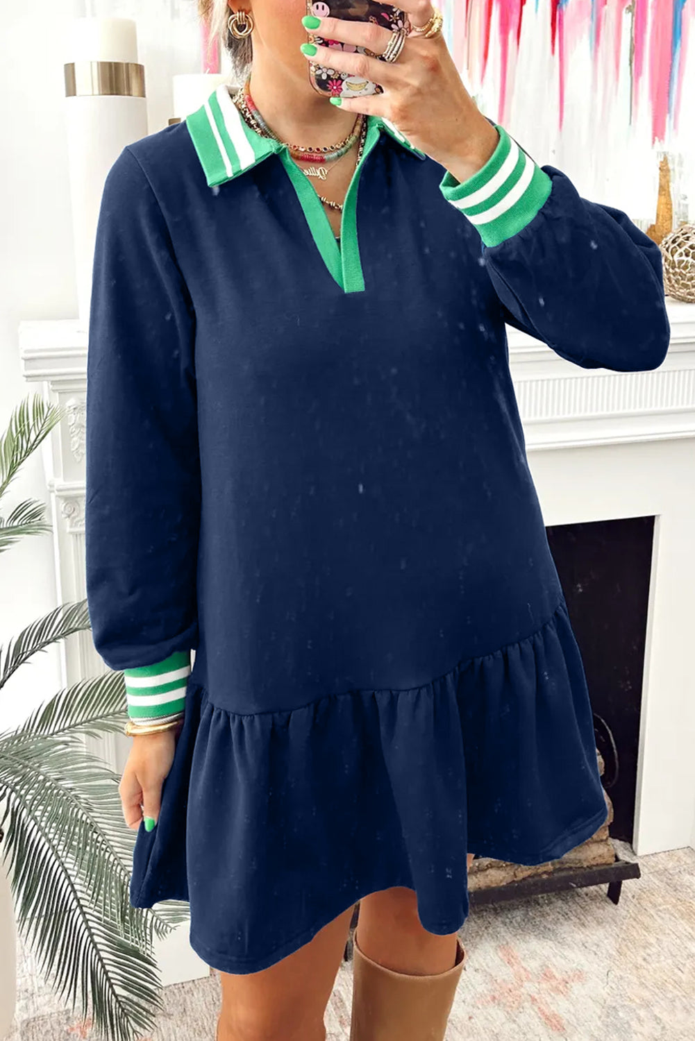 Navy Blue Contrast Striped Cuffs Polo Collar Patchwork Long Sleeve Ruffle Hem Mini Dress