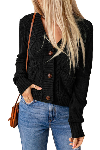 Elegant Black Textured V-Neck Cardigan with Front Pockets