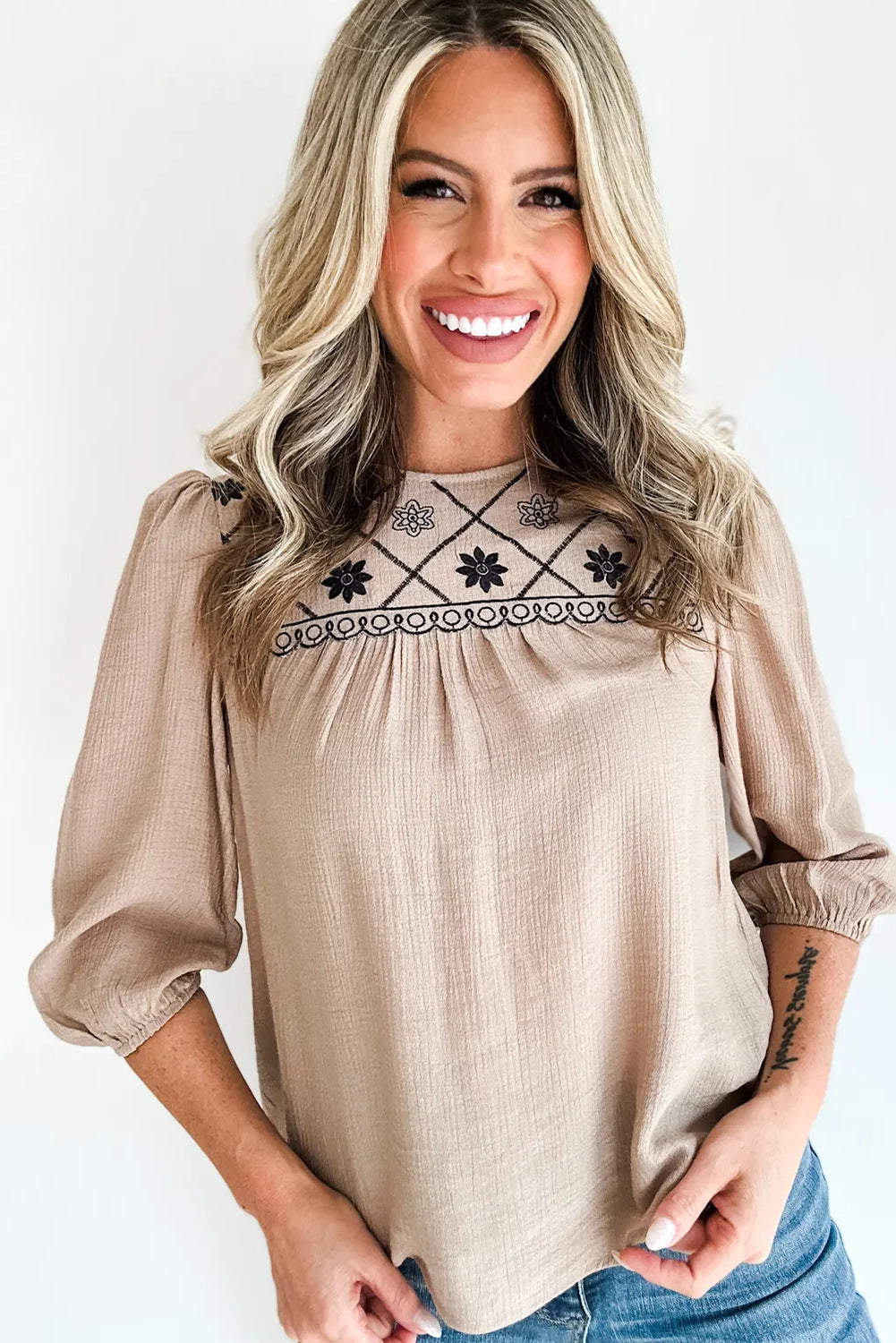 Parchment Embroidered Detail 3/4 Puff Sleeve Round Neck Blouse